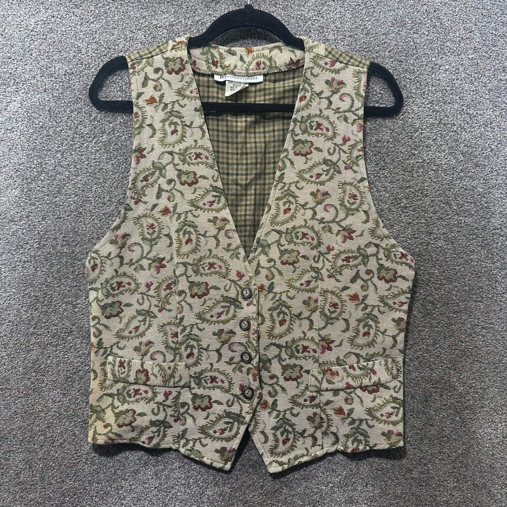 Ivy Collectibles Vintage 90s Floral Tapestry Vest Green Plaid Back Size M USA